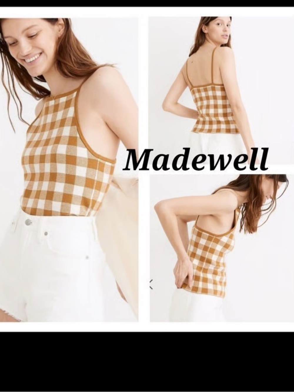 Madewell Gingham Knit Tank in Camel and White